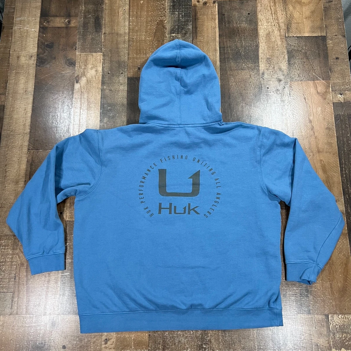HUK Mens Hoodie Extra Large Blue Fleece Lined Pullover Sweatshirt