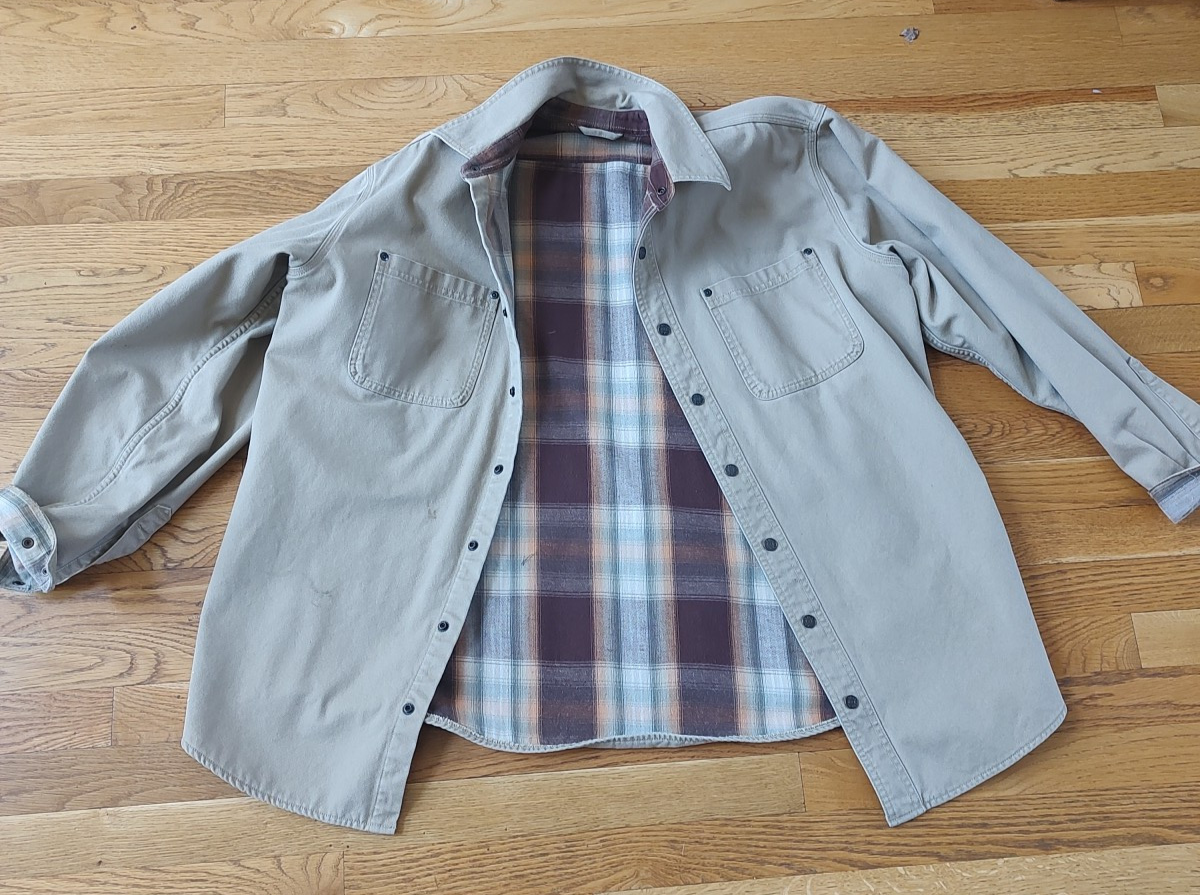 VTG LL Bean Mens Large Flannel Lined Shacket Shirt Tan Chore Barn Jacket Canvas
