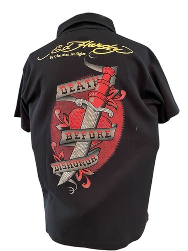 Vintage Y2K Ed Hardy Tattoo Design Polo Shirt Size TEEN L Large Black Collar