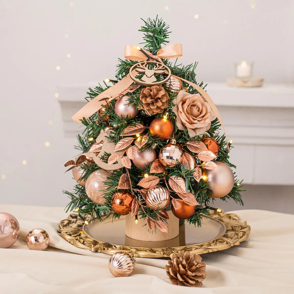 Mini Artificial Christmas Tree with Lights for Fireplace Bedroom