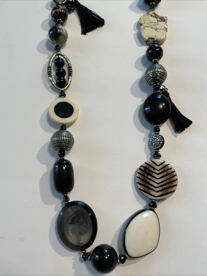 Chunky Black Gray Brown Silver Shell Bead Stone Necklace Long - Image 2 of 4