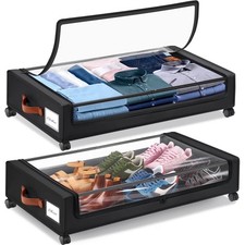 Under Bed Storage Containers 2 Pack Rolling Wheels Clothes Shoe Bins Black