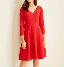 Ann Taylor Red V-neck Double Weave Seamed Ponte Knit Fit & Flare Dress Size 8