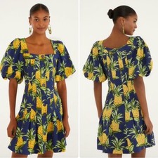 Farm Rio Navy Blue Delicate Pineapple Lenzing Mini Dress Women's Size Small
