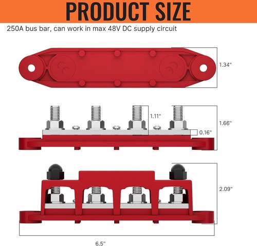 12V 250A Bus Bar Power Distribution Block with 4 x 3/8" Studs for Automotives - Picture 4 of 8