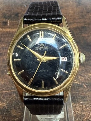 Bucherer Vintage 4730 Black Enamel Dial Date 1960s Swiss Automatic Rare Works