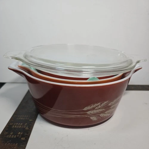 Vintage Pyrex Autumn Harvest Wheat Orange  Casserole Cinderella Dish set of 3