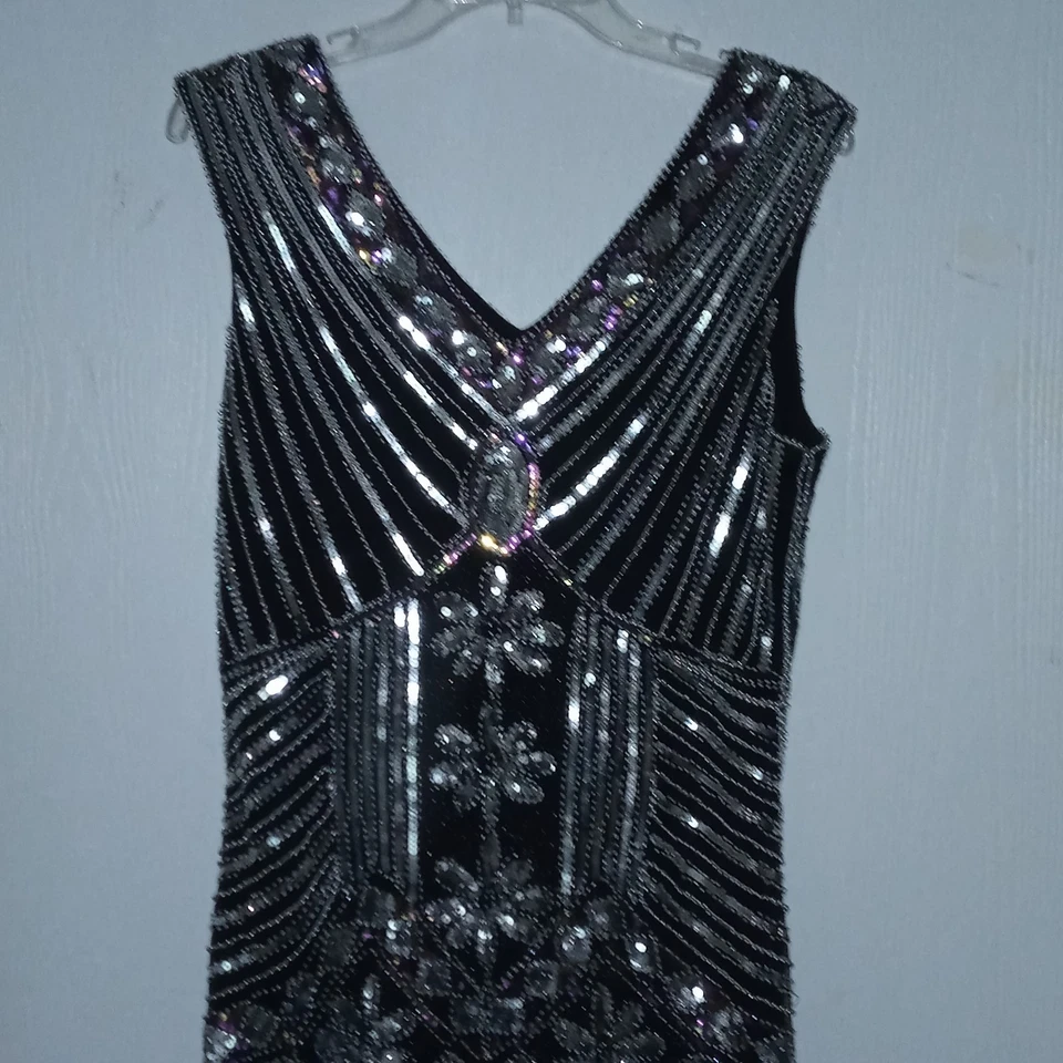 1920s  Flapper Dress Sz  XL Black Silver Fringe Sequin Gatsby  Sheath - Image 3 of 4