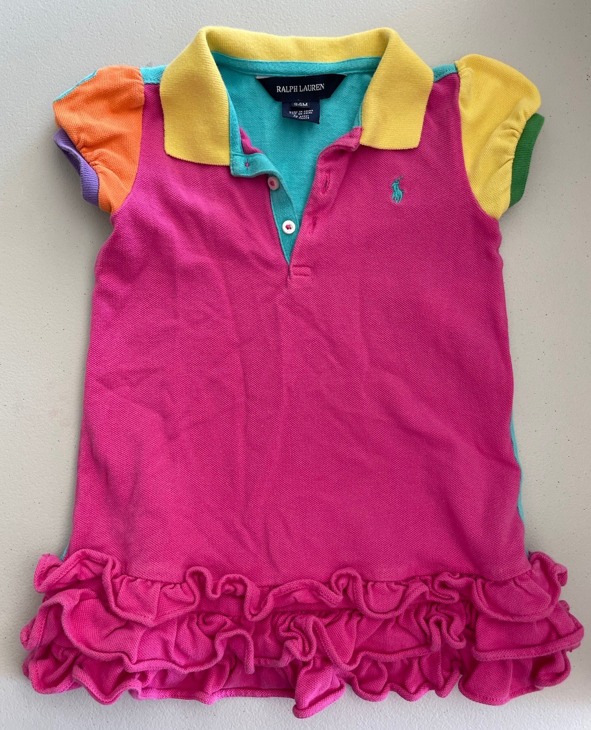 Ralph Lauren Baby Girl Hot Pink Multicolored ￼Short Sleeve Ruffled Dress 24M