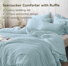 Seersucker Ruffle Queen Comforter Set 3PC Light Blue All-Season Bedding