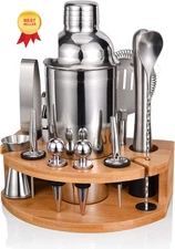 Bartender Kit with Stylish Bamboo Stand, 12 Piece 25oz Cocktail Shaker Silver 