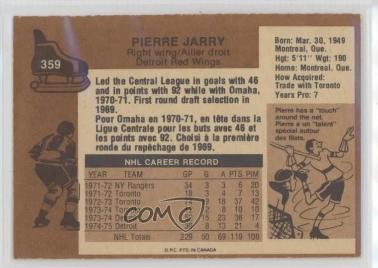 1975-76 O-Pee-Chee Pierre Jarry (Trade Mentioned on Front) #359 - Image 2 of 2