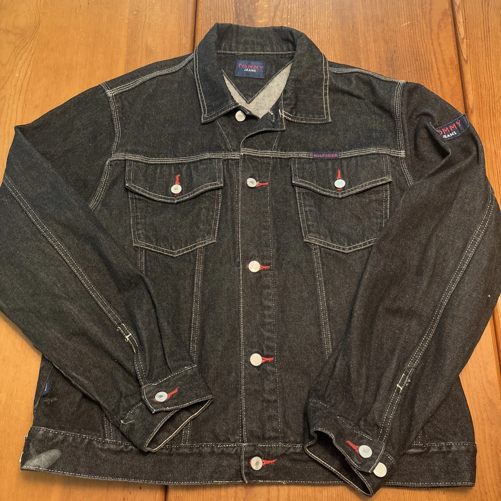 VTG Tommy Jeans Trucker Biker Black Jean Jacket Adult L Cotton 90s *read*