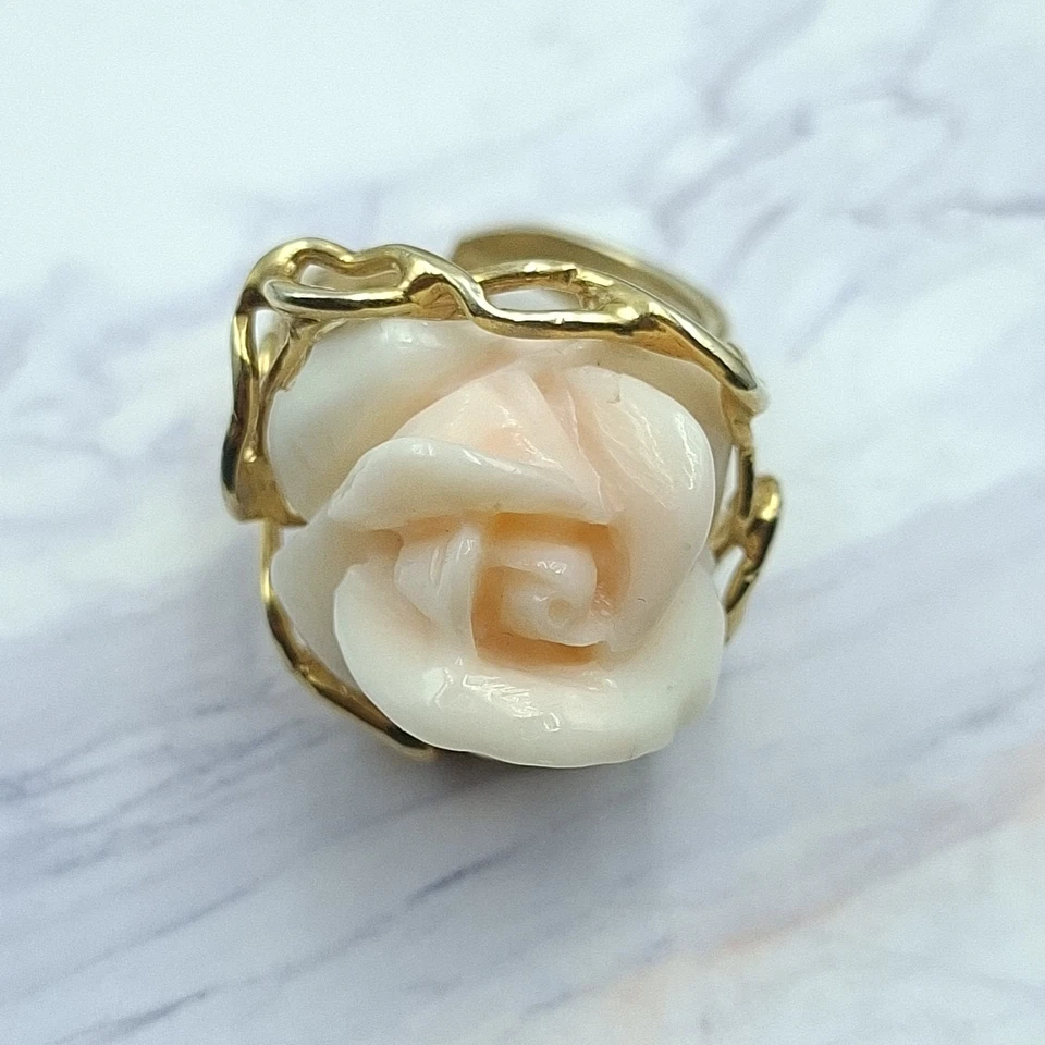 Anello  Fiore Rosa vero corallo Rosa del Giappone Argento 925 Oro Giallo 18 KT - Immagine 3 di 4