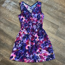 SIMPLY VERA WANG Women's Large Purple Watercolor Floral Smocked Midi Dress