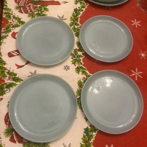 4 Vintage Anchor Hocking Fire King Turquoise Glass 7" Salad Plates Glossy