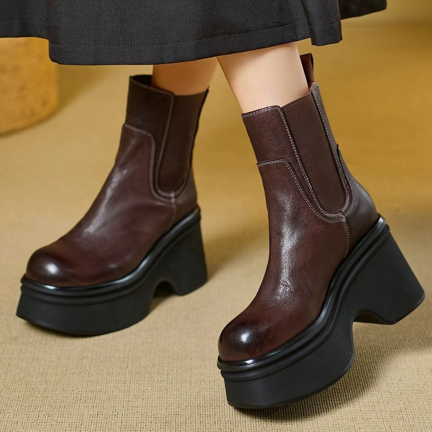 SAOLA Stivaletti donna suola spessa vera pelle Mary Janes plateau alto creepers