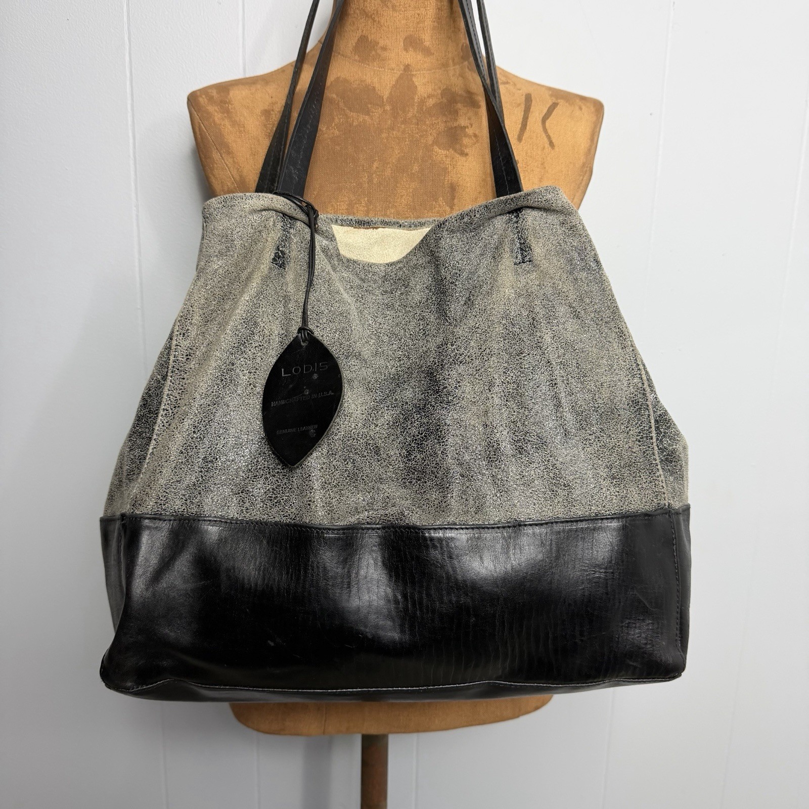 Lodis Hobo Bag Distressed Look Leather Black Gray Shoulder Tote Large