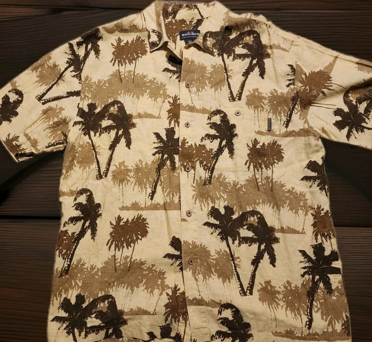 Woolrich Button Up Shirt Mens L Butter Palm Trees Short Sleeve Linen Blend Beach