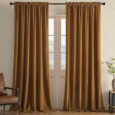 Camel Brown Velvet Curtains 90 inch Length 2 Panels, Luxury Blackout Rod Pocket