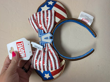 Marvel Captain America Ears Headband Stars & Stripes Sequin Bow Red White Blue