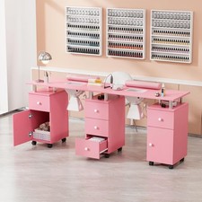 Double Manicure Table with Dust Collector Makeup Desk Station for Nail Tech Pink