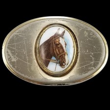 Vintage Oval Belt Buckle Horse Head Design Silver tone Metal USA Made