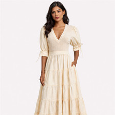 Pristine ULLA JOHNSON Wilda Dress in Oatmeal MED Cotton Midi Ruffles Tiered Boho