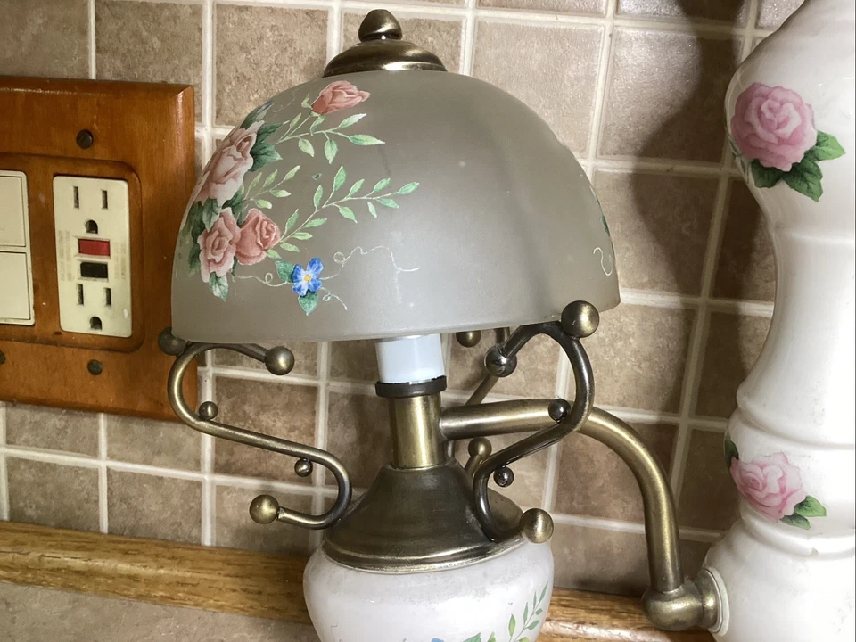 Vintage Wall Malt Glass Light- White Base w/Pink Roses, Brass-13” Tall - Image 3 of 4