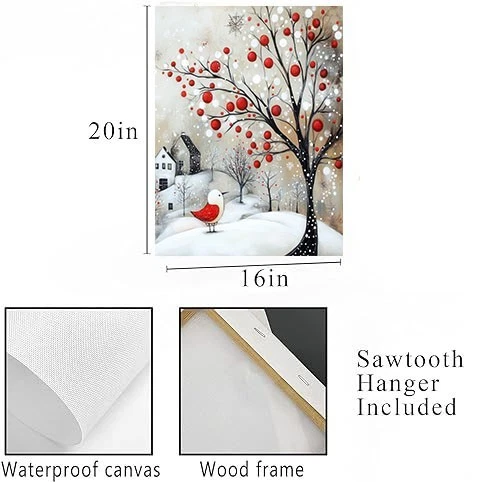 16x20 Minimalist Red and White Christmas Bird Canvas Wall Art Canvas Print - Image 3 of 4