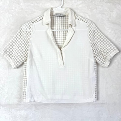 Sandro Paris Collared V neck Embroidered Mesh Sheer Cropped Blouse Size 1 US 4