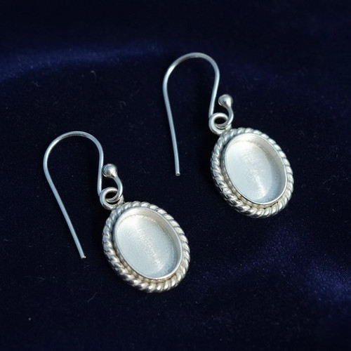 925 Sterling Silver Oval Blank Bezel Settings Earrings -Twisted Rope Border DIY