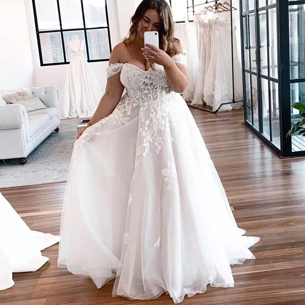 Plus Size Wedding Dresses Off Shoulder Cap Sleeve A Line Soft Tulle Bridal  Gown