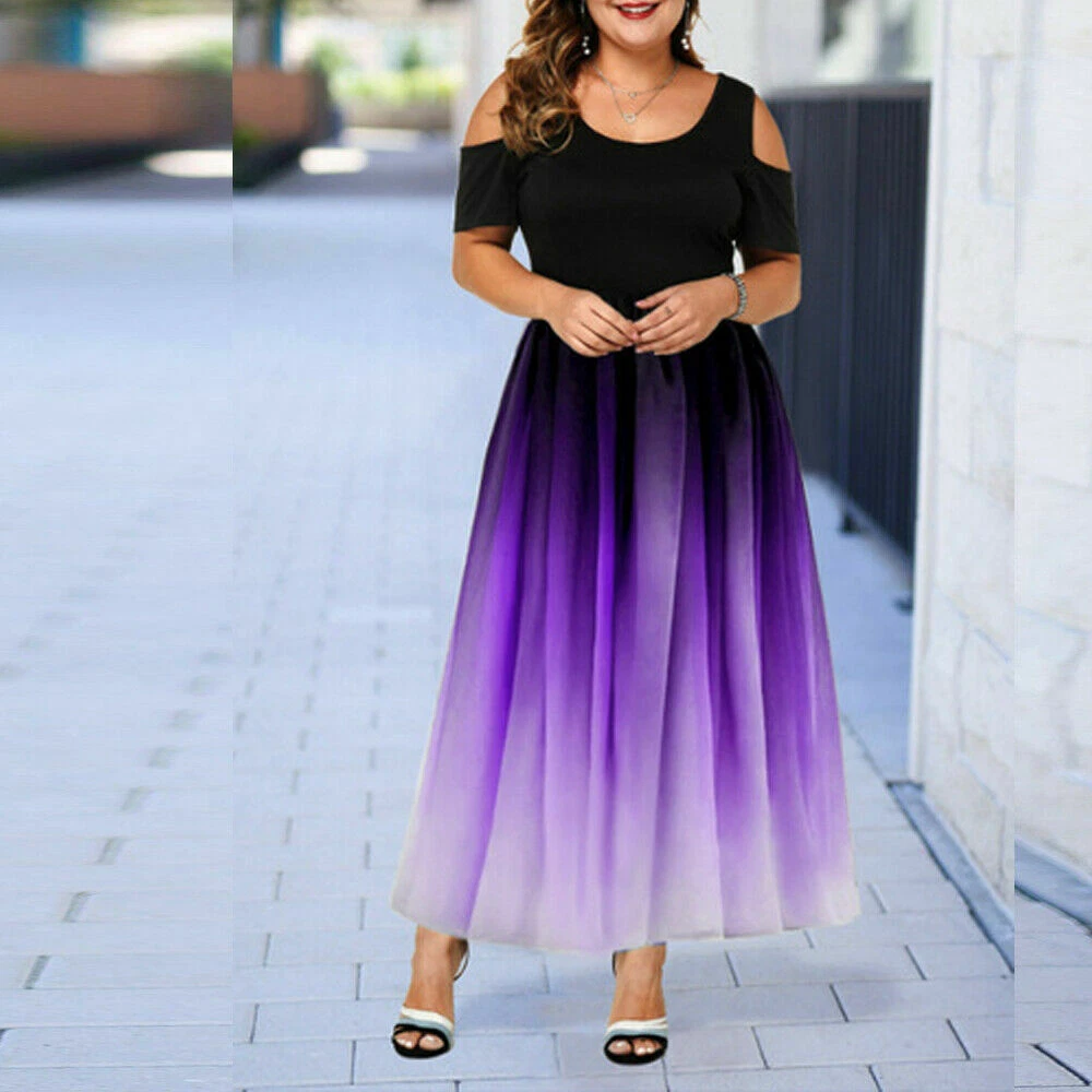 Womens Sexy Gradient Colors Cold Shoulder Short Sleeves Long Dress