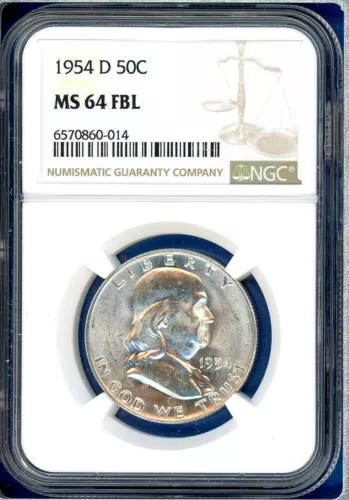 1954 D NGC MS64 FBL Franklin Silver Half Dollar US Mint Coin 1954-D MS-64 FBL