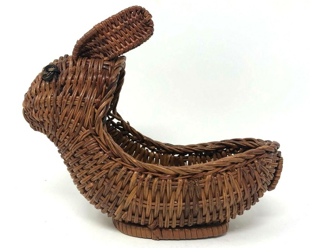 Vintage Wicker Bunny Planter, Woven Rabbit, Intricate Rattan Basket