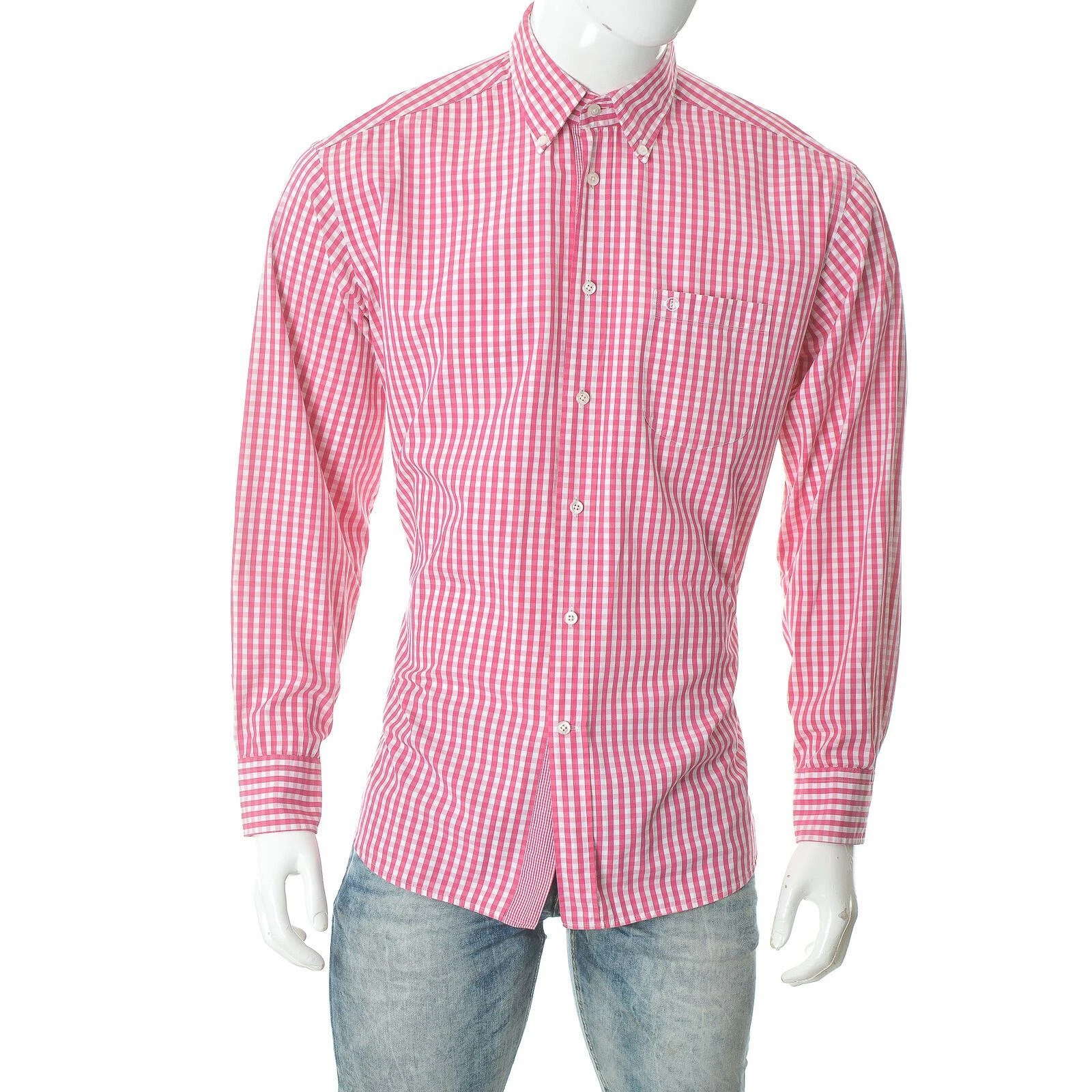 Bogner Shirt Men's Pink White Gingham Checked Long Sleeve W/ Patch Pocket 43