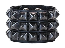 Three Row Black Pyramid Stud Leather Punk Goth Club Rockabilly Studded Bracelet