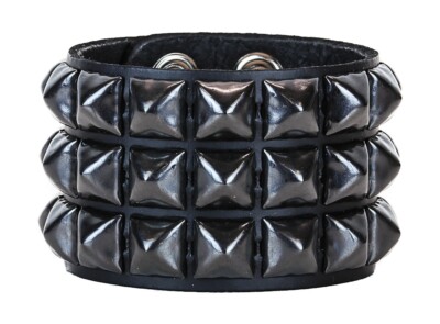 Three Row Black Pyramid Stud Leather Punk Goth Club Rockabilly Studded Bracelet