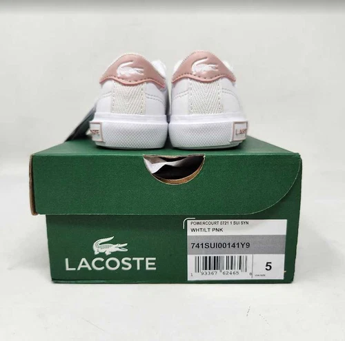 Toddler girl's 5 Lacoste powercourt white pink gator sneakers shoes