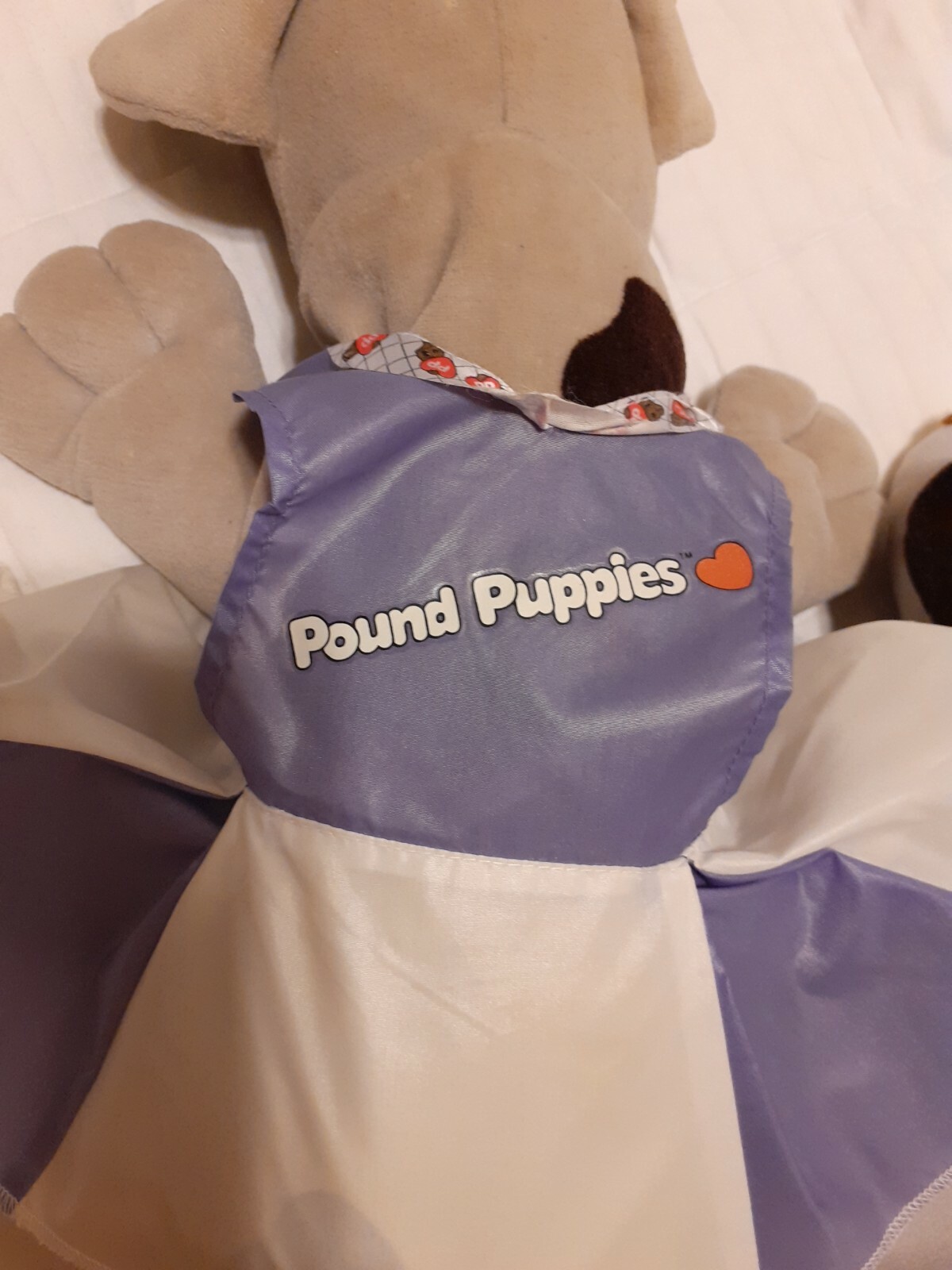 2 Vintage 1985 Tonka Pound Puppies Plush White and Gray Spotted 18" Dogs +Outfit