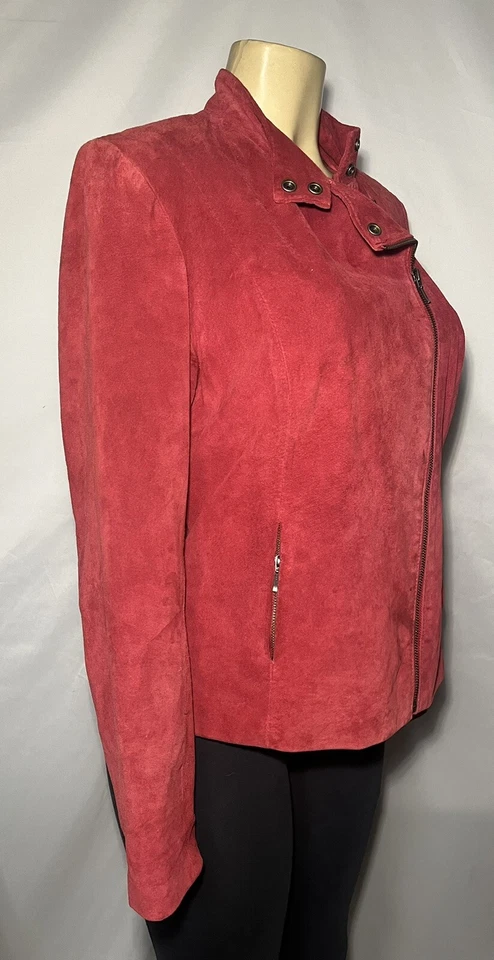 Jaqueta feminina grande vintage anos 80 Alfani couro camurça vermelha motociclista - Imagem 3 de 4