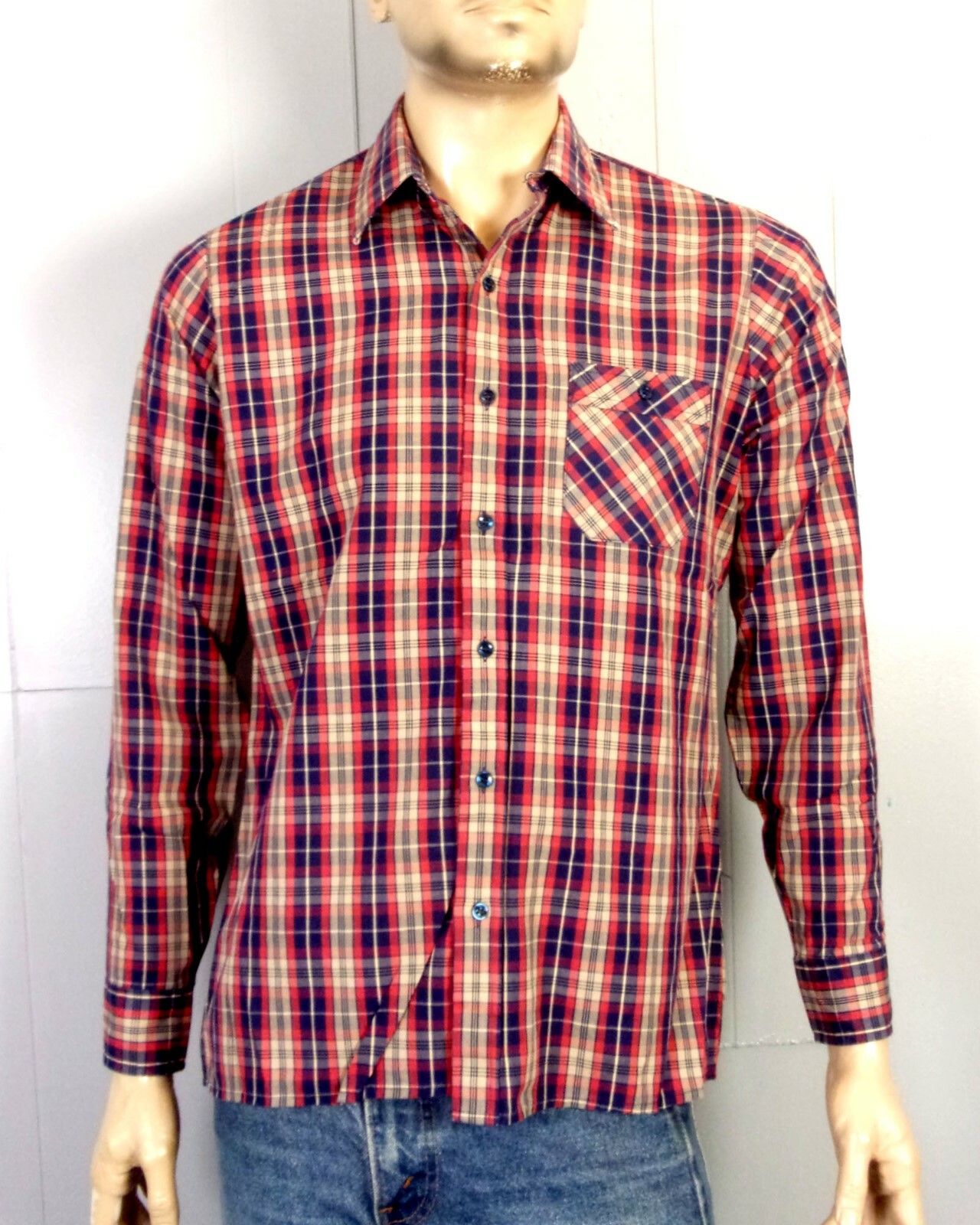 vtg 60s 70s Arrow Red Blue Tan Plaid 