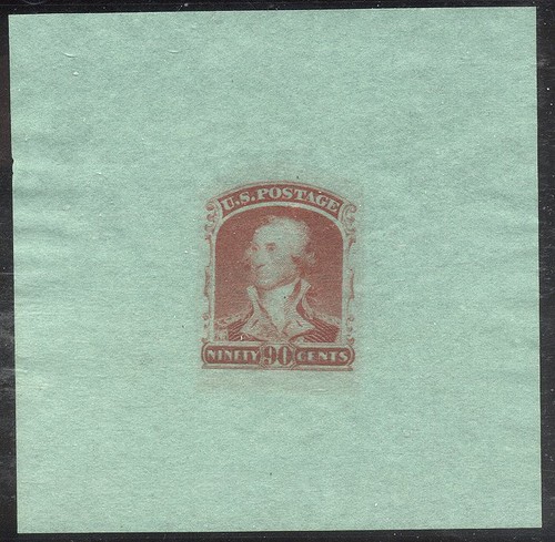 USA #72-E5F SELTENER Essay - 90c Washington, dunkler Karmin auf grünem Bond (225 $)