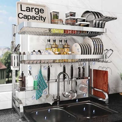3 Tier Extra Large Stainless Steel Expandable Over The Sink Dish Drainer Dryi...