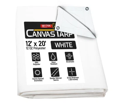 MYTEE PRODUCTS 12' x 20' White Heavy Duty Canvas Tarp 12oz - Water Resistant & Breathable