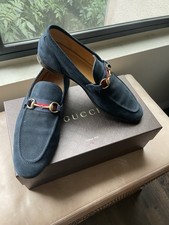 GUCCI Jordaan Blue Suede Leather Horsebit Web Loafers Shoe Size 40/10, Italy