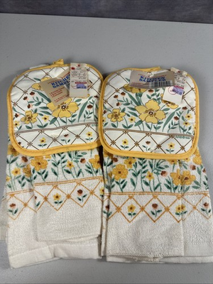 #ad 2 Vtg R. A. Briggs Country Cottage Gold Pansy Floral Kitchen Towel Sets NOS $26.00
