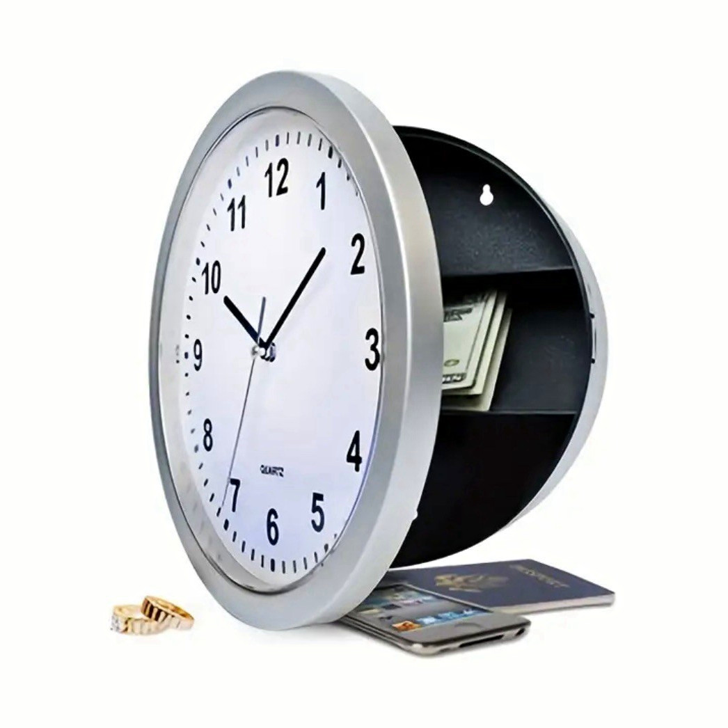 Hidden Storage Analog Wall Clock Safe Round Silver Frame 10.24in Battery