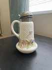 VTG ANTIQUE EAPG WHITE MILK GLASS HAND-PAINTED LATTICE FLOWERS SYRUP PITCHER 7"